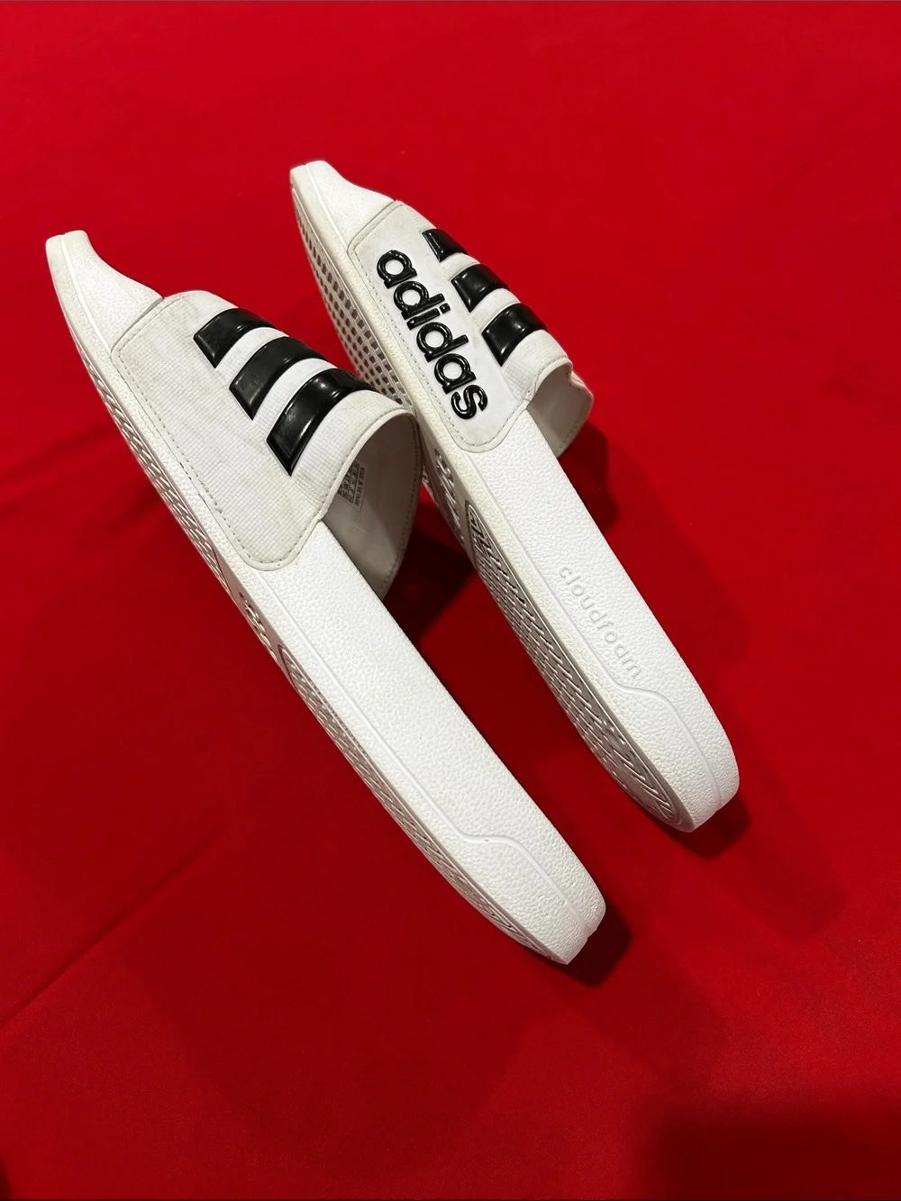adidas White Slide Sandals with Black Stripes